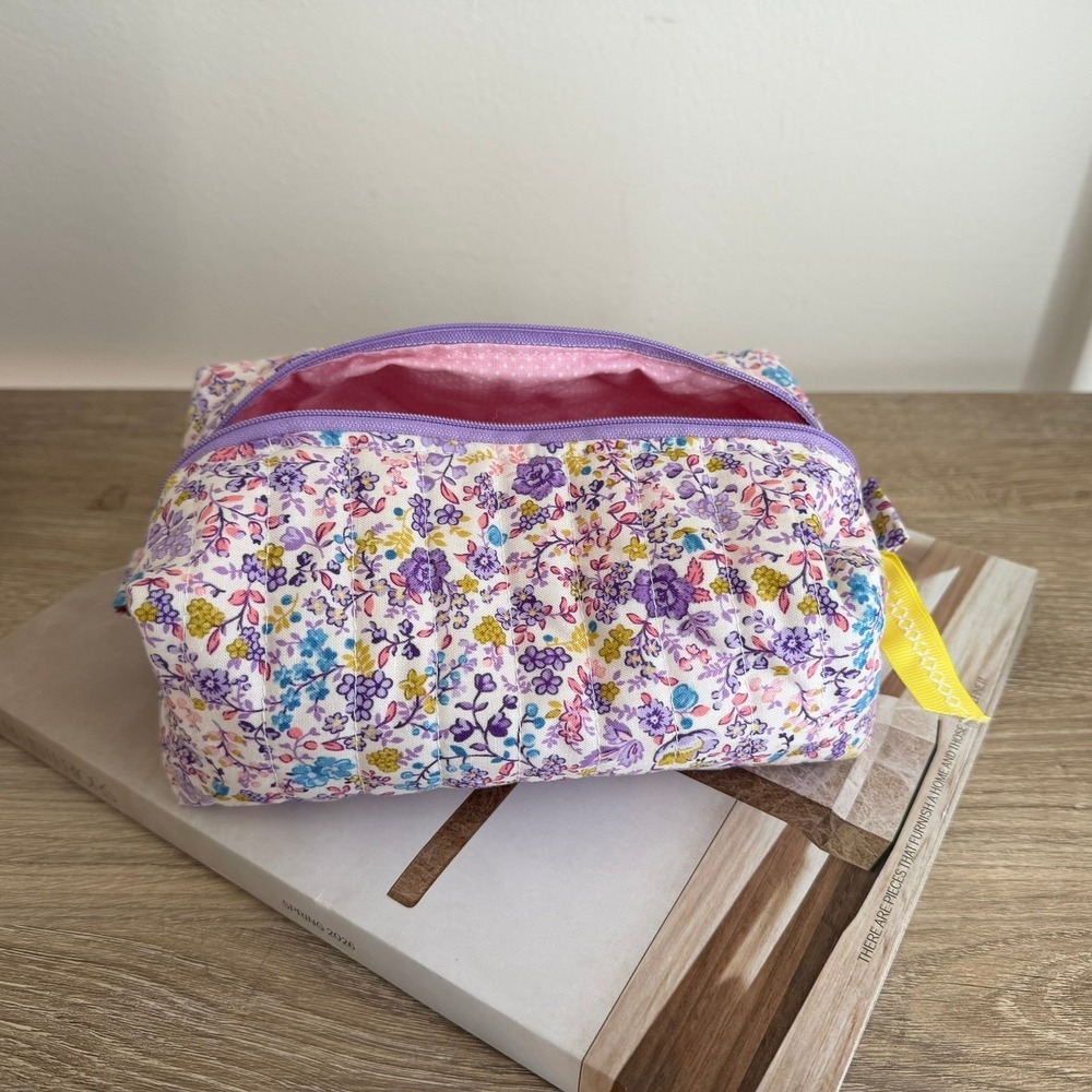Floral Quilted Makeup Bag Purple Blue Wildflower Toiletry Pouch Cosmetic Case - Picture 2 of 6